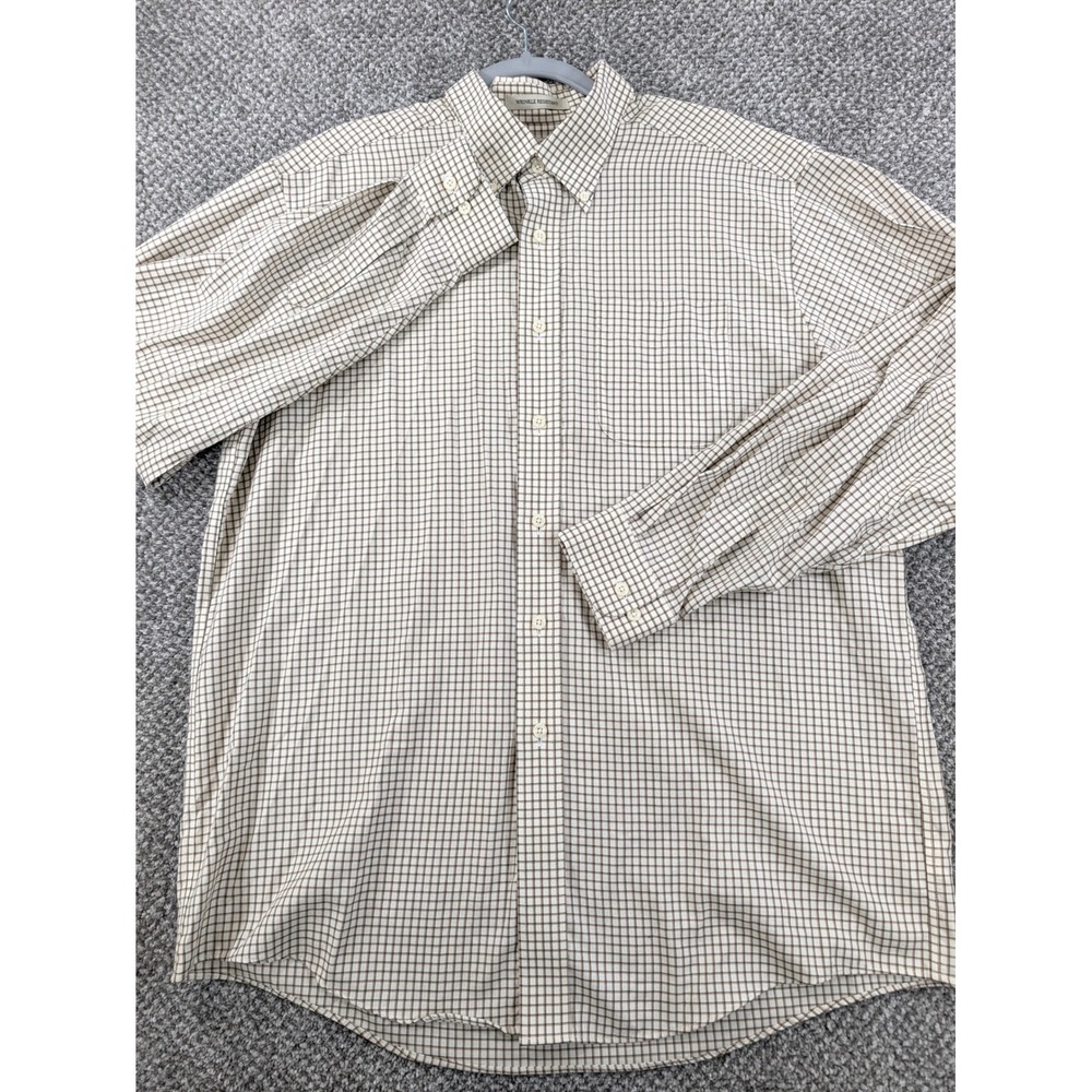 LL Bean Mens Large Regular Wrinkle Resistant Cotton Tattersall Check Shirt Brown